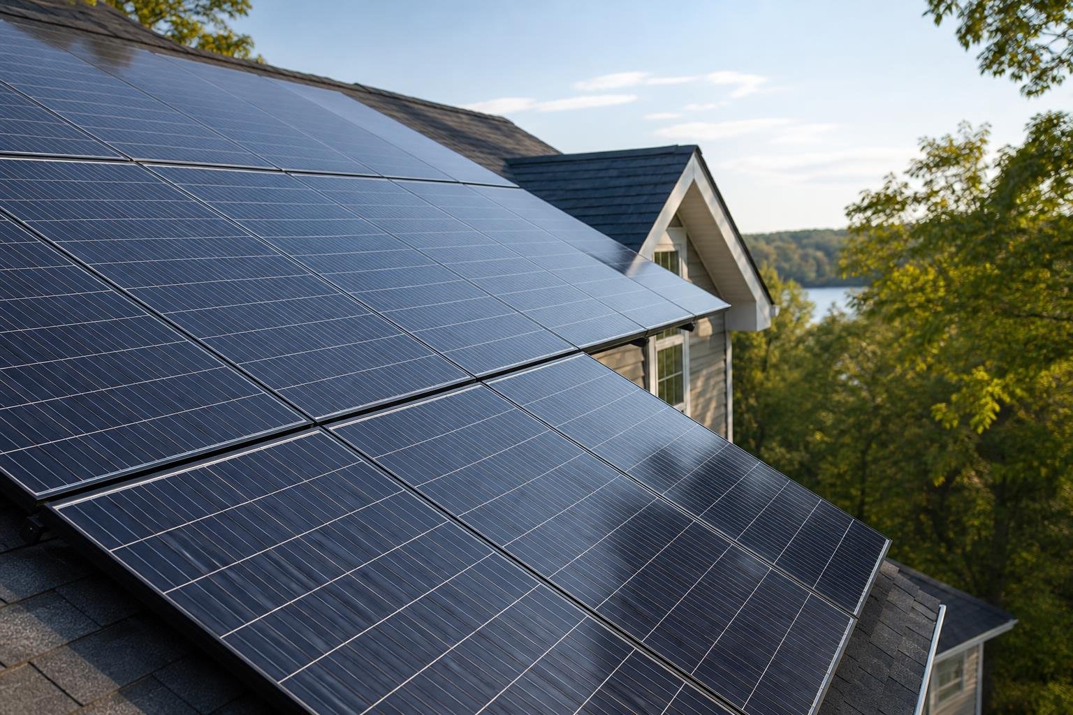 Close-up of rooftop solar panels on a Danbury-area home in warm daylight with the house and sky softly secondary.