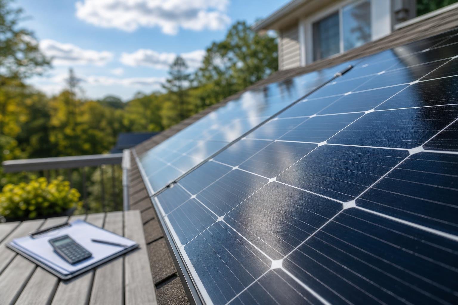 Residential solar panels in close view with a blurred homeowner planning setup and paperwork in the background.